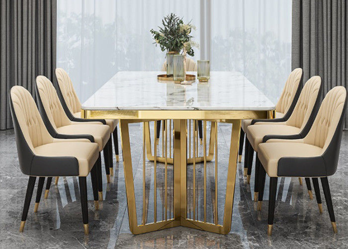 Mesa de jantar de mármore luxuosa à moda, tabela superior de mármore com pés do metal