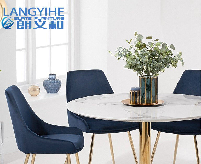 Iso 9001 120cm em volta da mesa de jantar de mármore do efeito com Fern Velvet Chairs Blue