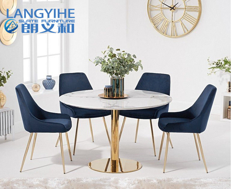 Iso 9001 120cm em volta da mesa de jantar de mármore do efeito com Fern Velvet Chairs Blue