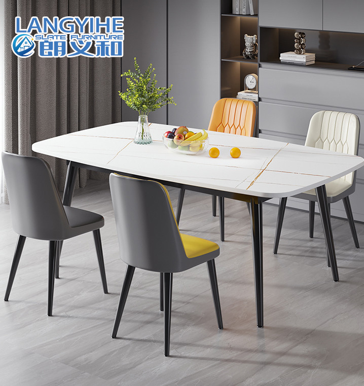Forma oval de mármore minimalista da combinação da mesa de jantar e da cadeira do metal
